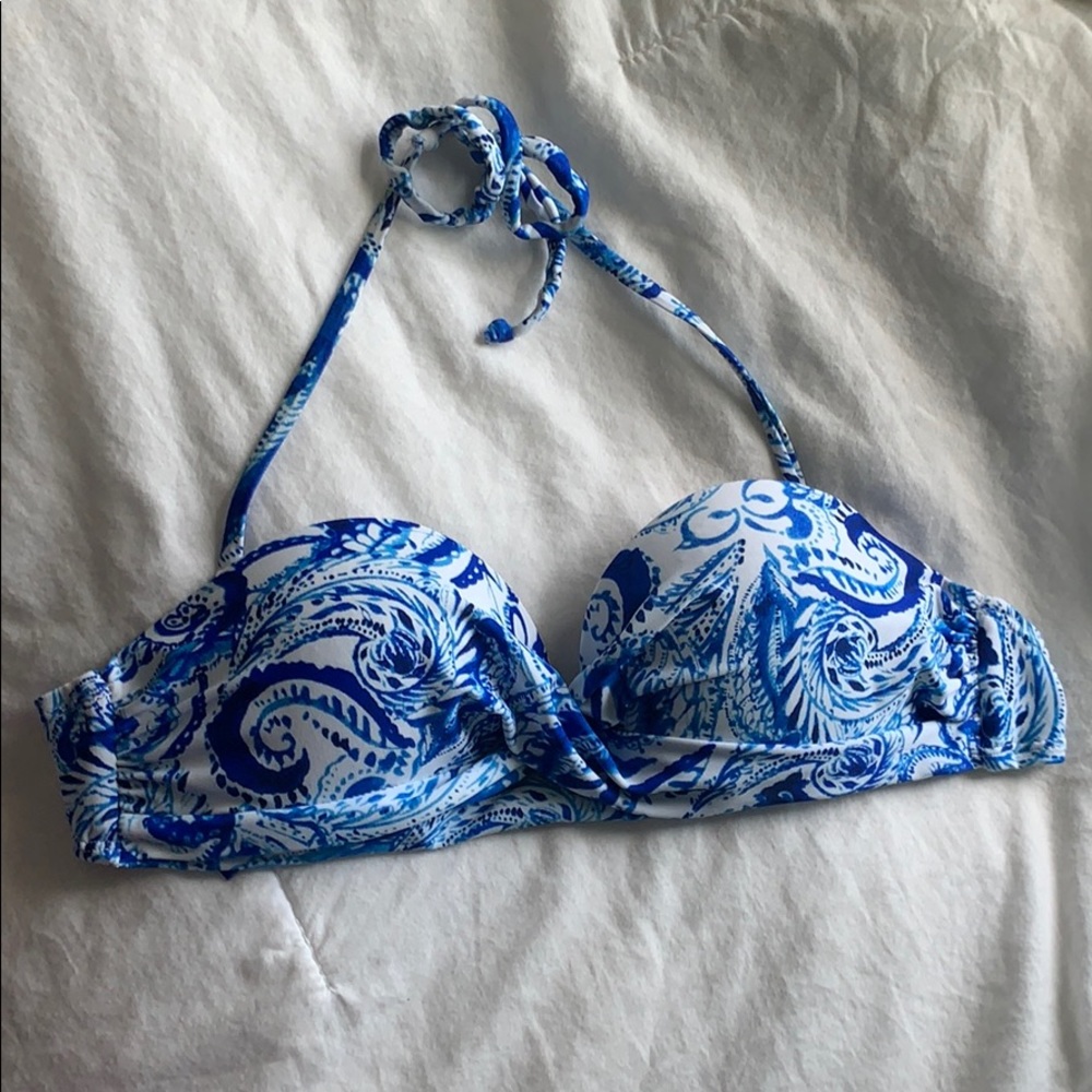 Blue and white patterned bikini top